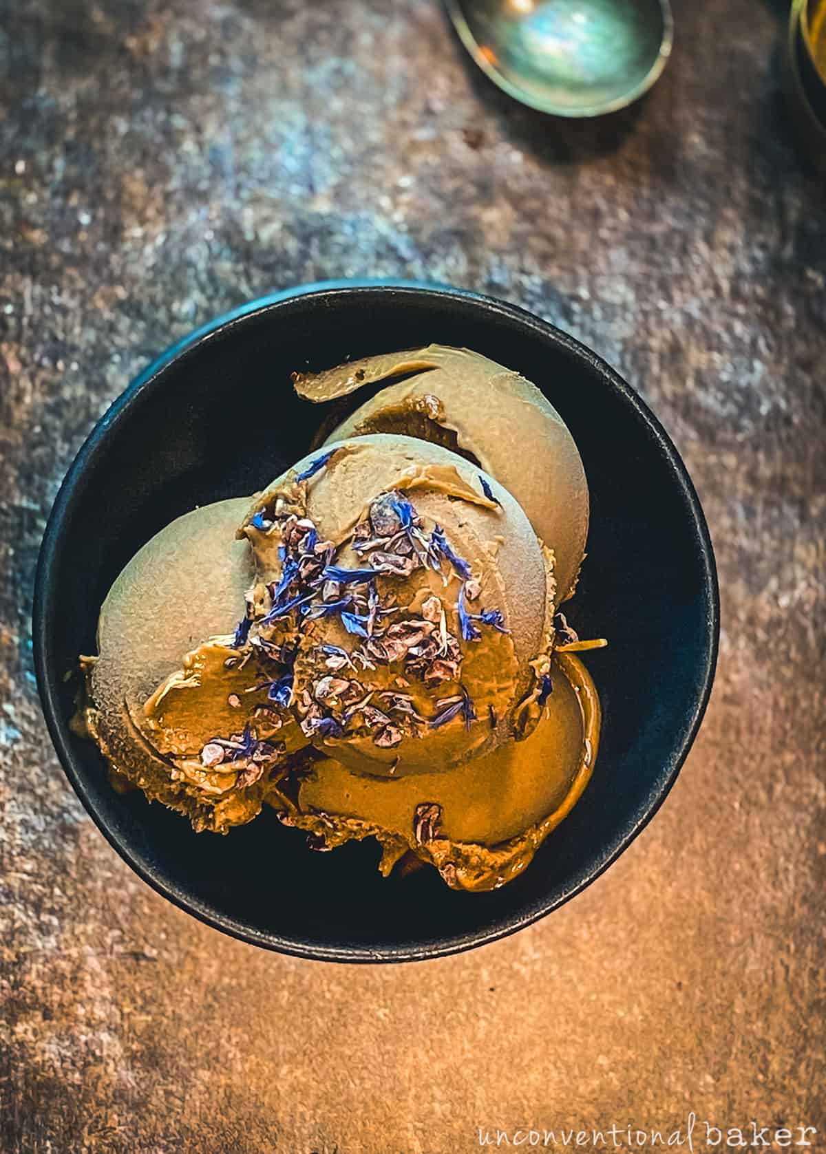 quick vegan ice cream made with macadamia nut butter and espresso