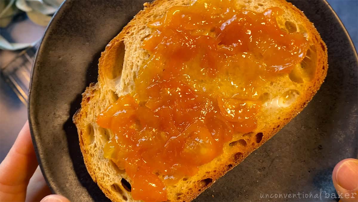kumquat and rose preserves on toast